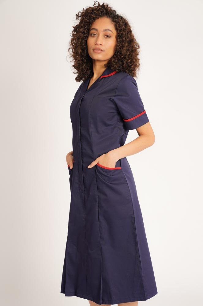 Ladies Healthcare Dress NCLD-NRT - NAVY - RED - MODEL IMAGE
